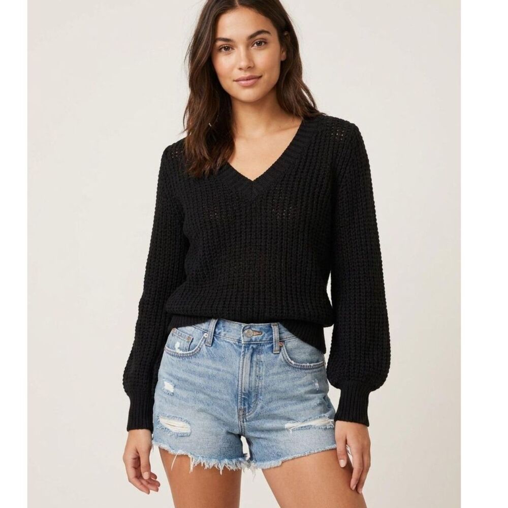 J.Crew Black Waffle Chunky Knit Sweater Balloon Sleeve Casual Small S Preppy